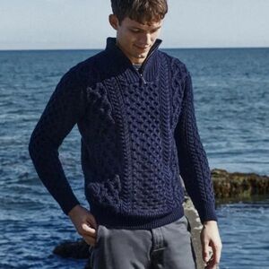 IrelandsEye Men’s Dromore Aran Irish Fisherman Sweater Wool Navy Large New